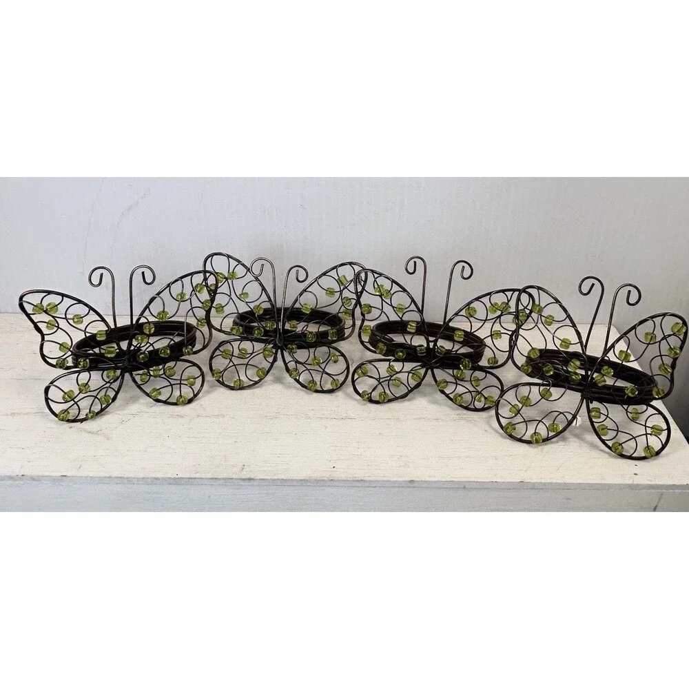 Set of 4 Butterfly Napkin Rings Green Beads Brown Wire Spring Table Decor